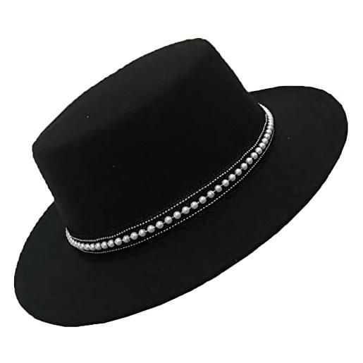 B-HOT cappello classico fedora a tesa larga per donna uomo in feltro panama flat top jazz cap con fascia rimovibile, nero , taglia unica