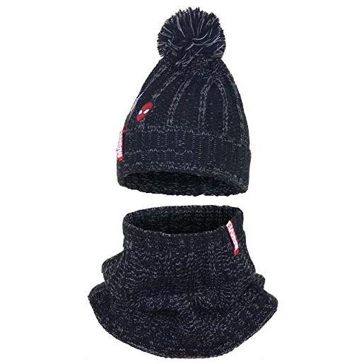 SUN CITY spiderman set 2pezzi cappello pon pon e scaldacollo invernale bambino taglia 3-8anni (54 (5-8anni), nero)