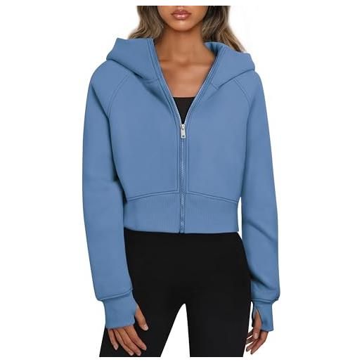 Timuspo felpa con cappuccio da donna, crop hoodie, giacca corta con cappuccio, con fodera in pile, felpa con cerniera, giacca in pile con cappuccio, cerniera autunno inverno, grigio. , s