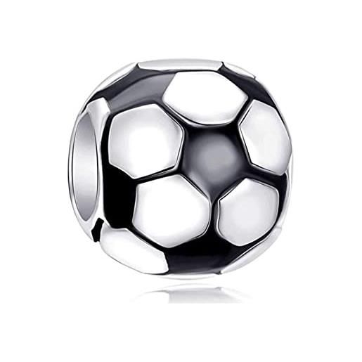 CRISNATA fascino calcio, fascini palla da calcio, compatibile con bracciale/collana pandora sport, perline rotonde in argento sterling 925 con smalto nero, regalo festa del papà per figlia/figlio