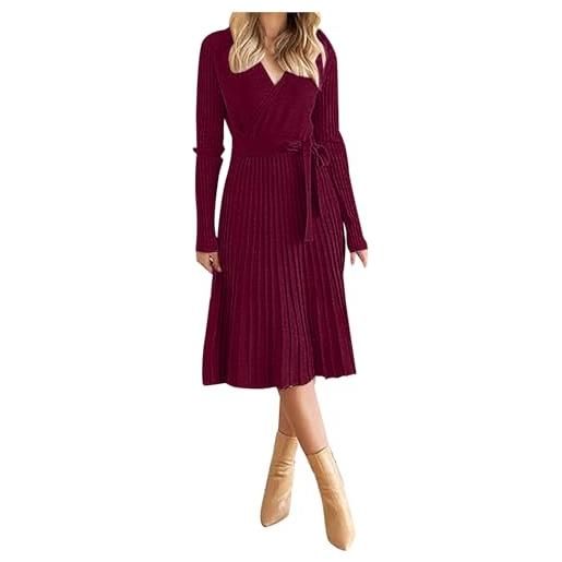 DJYQLCWA vestito in maglione donna abiti invernali elegante lavorato abito maglina nero donna autunno inverno 2024 nuovo abito longuette a pieghe in maglia a maniche lunghe sexy slim con scollo a v black, one