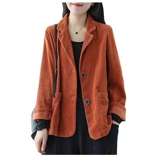 KIJSKKOPO giacca da abito in velluto a coste color caramello da donna, vintage, revers a lancia, 2 bottoni, manica lunga, cappotto tunica, con tasca, casual autunnale, quotidiano, lavoro d'ufficio, 