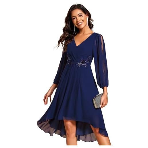 Ever-Pretty vestito da cerimonia eleganti abiti da sera a manica lunga da donna davanti corti e posteriori in chiffon con applicazioni lunghe blu navy 40