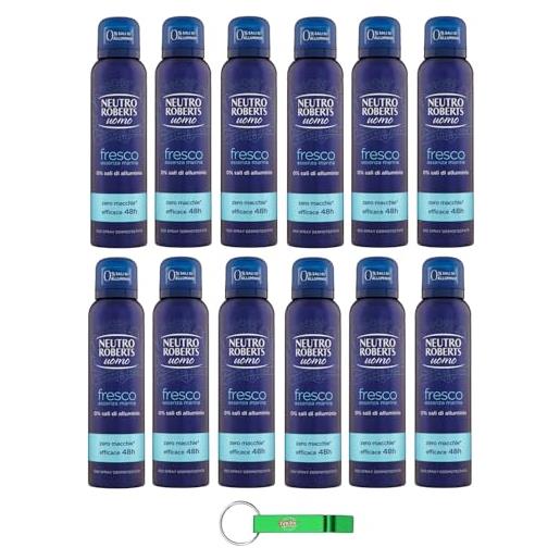 Beni Culinari neutro roberts deodorante spray uomo fresco essenza marina, deodorante spray per uomini, efficace 48 ore senza sali, 150 ml + portachiavi Beni Culinari