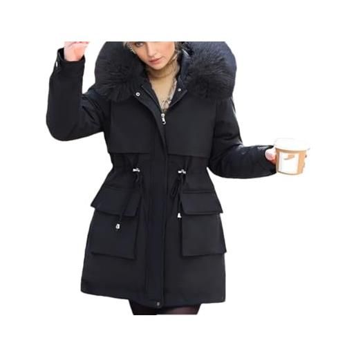 Tdvcpmkk parka invernale da donna grande collo di pelliccia con cappuccio ispessito caldo lungo staccabile cappotto casual da donna piumino in cotone parka, nero mf113, xxl