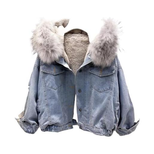 Suncadmious donne collo di pelliccia giacca di denim con cappuccio spesso velluto shaggy sciolto bomber giacca di jeans caldo pile foderato cotone imbottito (bianco, l)