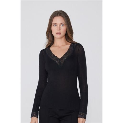 Tezenis maglia maniche lunghe scollo v pizzo/lana merino donna nero