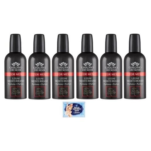 Felce Azzurra 6x giardino dei sensi profumo for men legni mediterranei, profumo da uomo intenso e originale 100ml + 1 confezione di talco Felce Azzurra in omaggio, busta da 100g