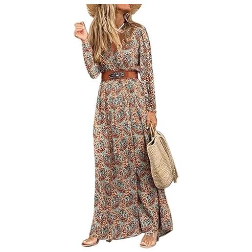 MessBebe delle donne boho stampa floreale maxi abito scollo a v maniche lunghe a vita alta abito con cintura marrone xl