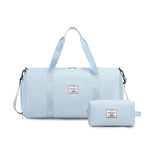 FANDARE set 2 pezzi borsone da viaggio donna con borsa cosmetica - borsoni sportivi uomo per palestra, piscina, weekender - tote a spalla azzurro