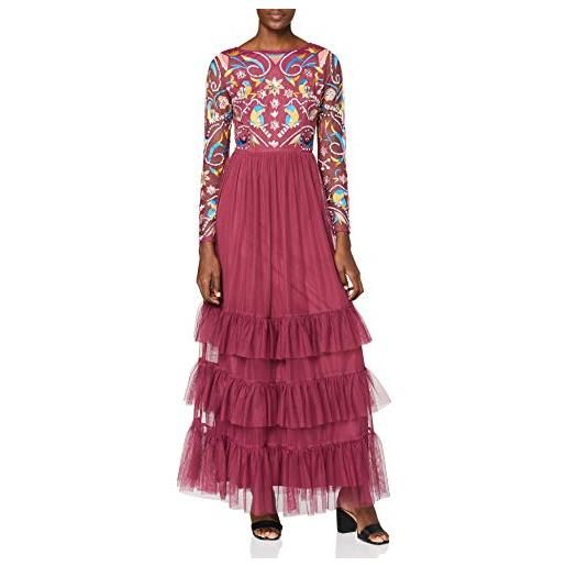 Frock and Frill maxi abito ricamato a maniche lunghe con gonna a volant vestito da cocktail, bacca, 46 donna