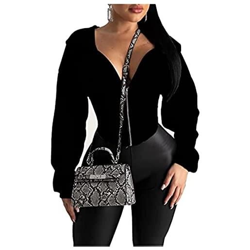 Vagbalena donna mezza zip aderente corsetto felpa con cappuccio maniche lunghe cut-out colore solido profondo scollo a v felpa con cappuccio giacca sportiva casual felpa (nero, s)