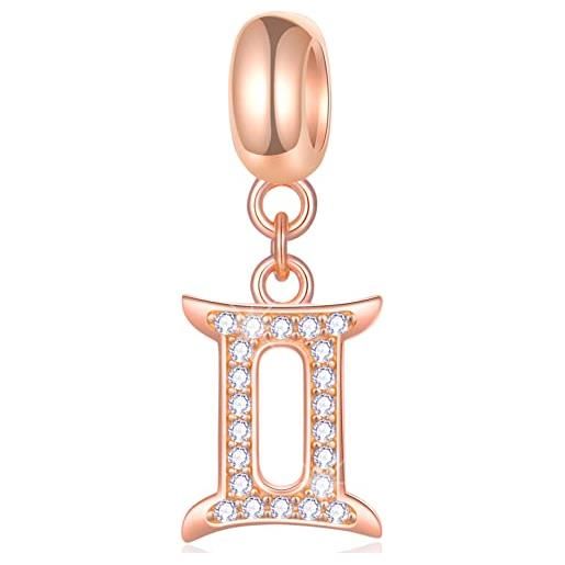 GLOWDAS gemelli zodiac sign charms si adatta pandora charm bracelet - oro rosa 925 collana in argento sterling pendente, 12 oroscopo constellation dangle cz beads, regali di compleanno per le donne