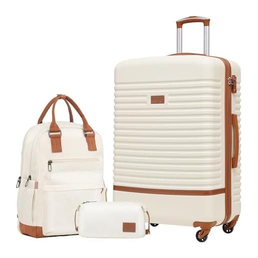 COOLIFE set di valigie, trolley da viaggio con 4 rotelle girevoli a 360° tsa serratura 1 zaino da viaggio e 1 borsa da toilette incluso (albicocca/bianco, set di valigie 3pzs (28))