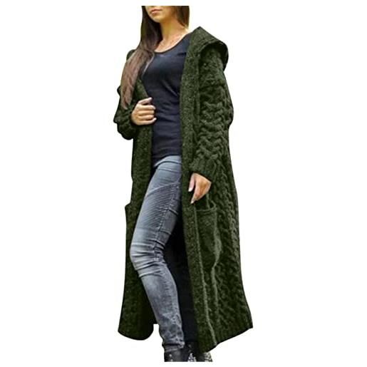 Cardigan lungo con cappuccio in maglia grossa fatto a mano: giacca cardigan in filato vegano dai toni terrosi - Italia