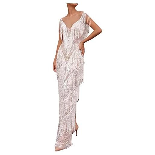 MaNMaNing abiti da cerimonia donna lunghi eleganti abito sexy da donna gonne abito con scollo a v profondo gonna a tubino senza maniche gonna longuette con frange abito da festa elegante solido sexy (white, m)