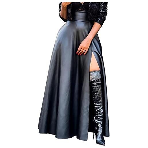 SOMTHRON maxi gonna da donna casual in ecopelle a vita alta pelle pu con spacco laterale linea ad a, gonna lunga oscillante con tasche, nero , m
