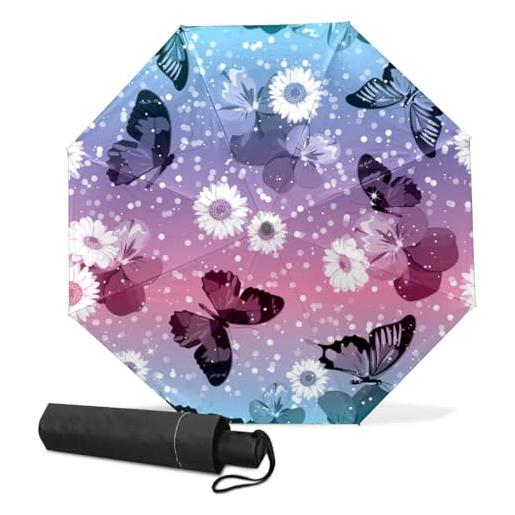 GISPOG ombrello pieghevole automatico, con farfalle e insetti, impermeabile, compatto, per sole e pioggia, per donne e uomini, colore unico, taglia unica