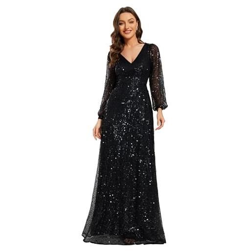 Ever-Pretty abiti da sera donna elegante manica lunga slim vita alta brillantini tulle vestito da cerimonia maxi lungo abita da cocktail nero 52