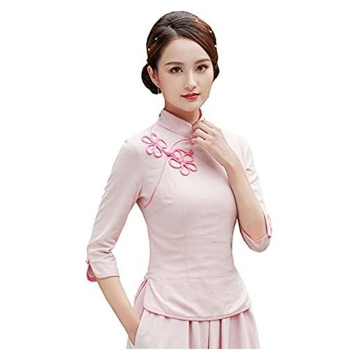 YLfly camicia cinese con colletto alla mandarino qipao top camicetta tradizionale da donna semplice solido, marina militare, 38