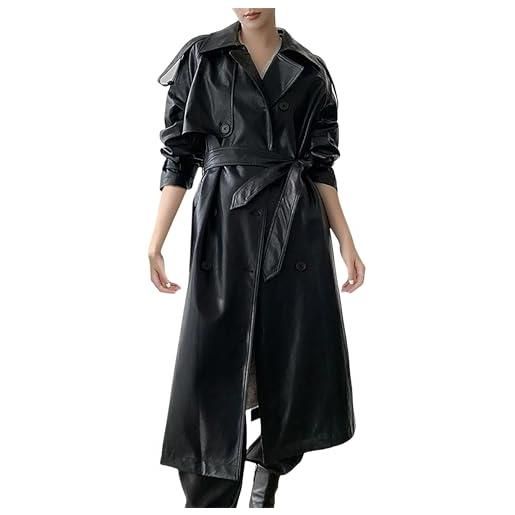 Generic trench da donna in finta pelle, stile vintage, doppiopetto, da motociclista, con vita sottile di media lunghezza, nero , m