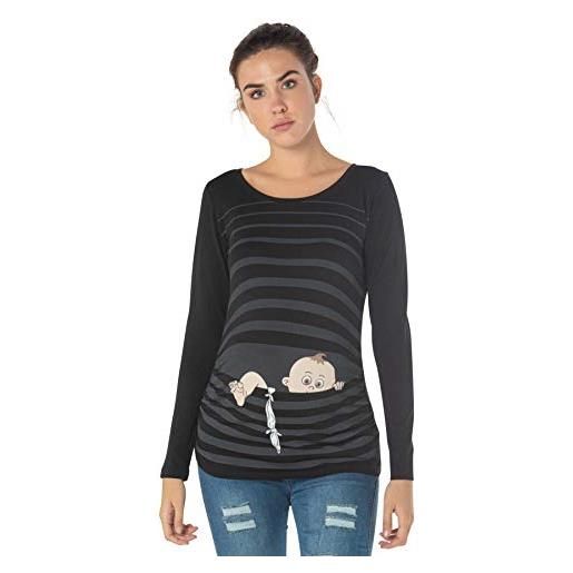 M.M.C. bebè in fuga - simpatica graziosa t-shirt premaman manica lunga per la gravidanza (nero, large)