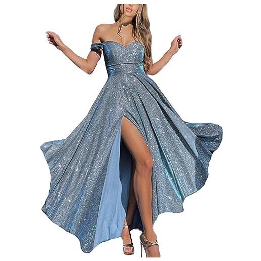 Duohropke abito da sera da donna, lungo, elegante, con paillettes, abito da cocktail con maniche a vita alta, con brillantini, linea ad a, maxi ilang, blu, l