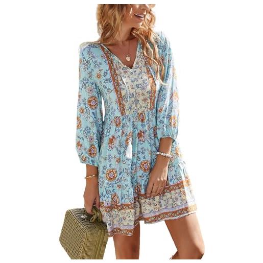 TcIFE abito tunica bohémien da donna, abiti a maniche 3/4 a v collo, abito da spiaggia estate con motivo floreale, moda vintage, top tunic corti