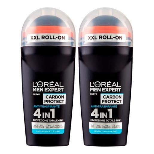 L'Oreal Paris l'oréal paris men expert carbon protect deodorante roll-on anti-traspirante 4in1 protezione 48h contro cattivi odori umidità con testina xxl profumo fresco intenso - 2 flaconi da 50ml