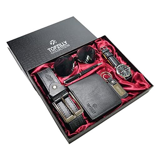 SADA72 - Orologio da polso analogico al quarzo, da uomo, in pelle artificiale, con cintura, set regalo (nero