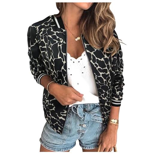 ECOWISH - giacca bomber casual da donna con zip, stampa floreale, scollo rotondo, leggera e corta, modello mimetico. Giacca a vento con tasche, ideale per un look casual e alla moda. , verde militare