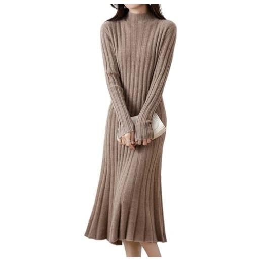 Ailaile - abito da donna in pile 100% lana, collo alto, strisce a buco, aderente, scollo a v, maniche lunghe, abito a maglia svasato, abito lavorato a maglia, cammello, xl