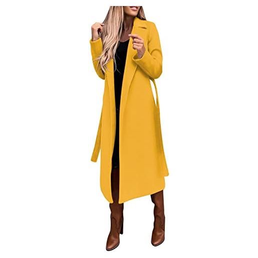 BIISDOST cappotto di lana finto da donna, camicetta sottile, trench giacca lunga con cintura, elegante outwear maglione, giallo, l
