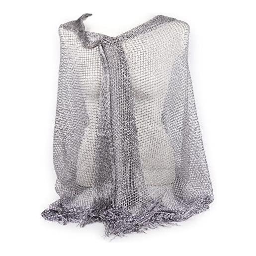 Emila stola argentata cerimonia coprispalle elegante con frange a rete sciarpa foulard fular scialle grande lurex da matrimonio abito silver donna signora ragazza primavera estate 2026 argento chiaro