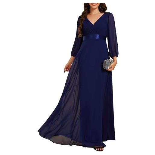 Ever-Pretty abito da cerimonia eleganti donna vestito da sera a maniche lunghe chiffon maniche lunghe scollo a v blu navy 58