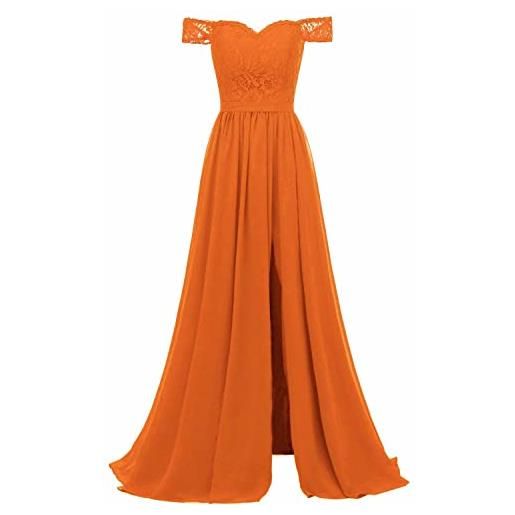 N/ C abito da sera di cerimonia nuziale fuori dalla spalla spaccata lungo floreale pizzo chiffon abito da promenade formale, arancione, 48
