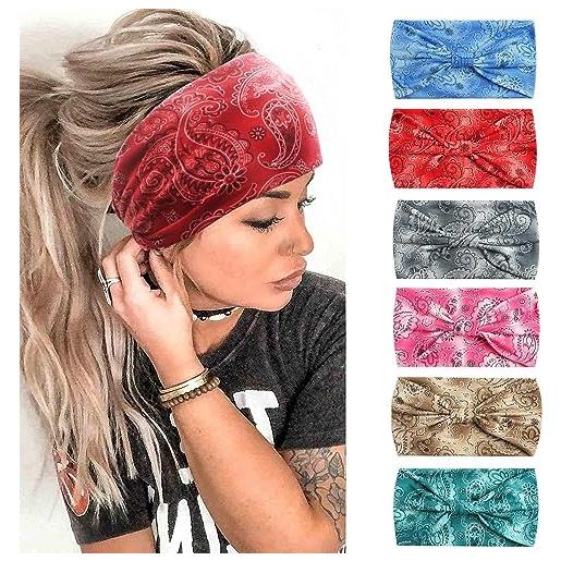 HUANMAYE 6pcs fasce per donne sciarpe larghe per la testa boho bandane antiscivolo fasce per capelli accessori per capelli elastici annodati turbanti per la testa avvolgere adulti (dark. Cashew)