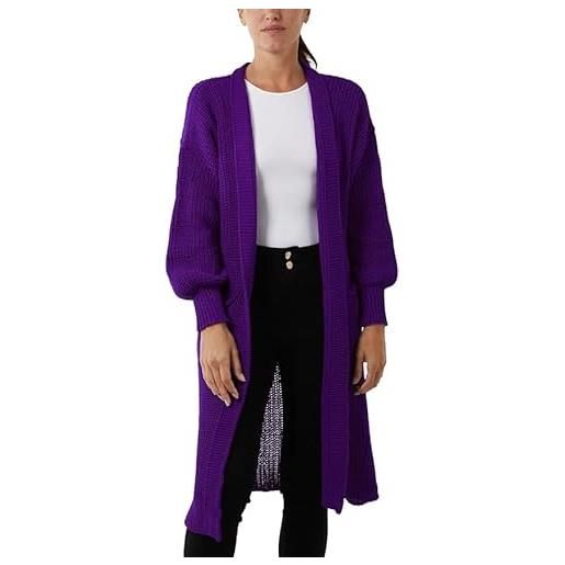 WEWA cardigan lungo da donna, lavorato a maglia, maniche a palloncino, con 2 tasche, aperto sul davanti, cardigan per fidanzato, viola, s