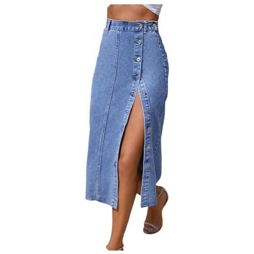 Gonna Lunga Donna Dianshao In Denim - Vita Alta Con Spacco Frontale - Tasche - Taglie S-XXL - Blu, Azzurro, Nero - Foto 3