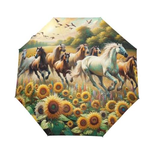 GAIREG ombrello da viaggio pieghevole compatto e leggero per cavalli che corrono su un campo di girasole