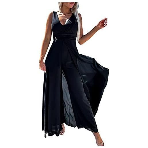 BOTCAM tuta da donna, alla moda e confortevole, scollo a v, vita sexy, gamba larga, blu scuro, elegante, pantaloni estivi, pantaloni lunghi, nero , xl