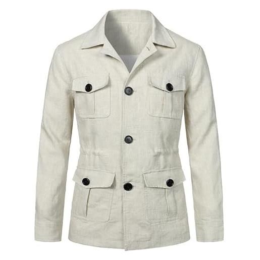 MANYMANY blazer safari da uomo giacca safari in lino a maniche lunghe capispalla leggero safari slim fit da uomo