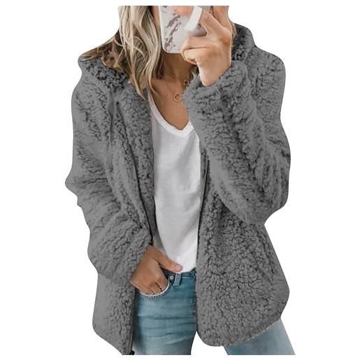 EFOFEI donna casual hooded fleece plain warm stylish zip sweater winter warm soft teddy hoodie grigio scuro m