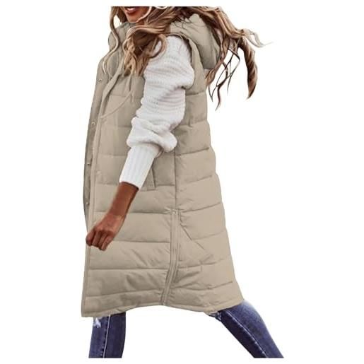 Suncadmious gilet lungo da donna senza maniche piumino leggero ripiegabile con cappuccio piumino trapuntato con cappuccio invernale (beige, xxl)