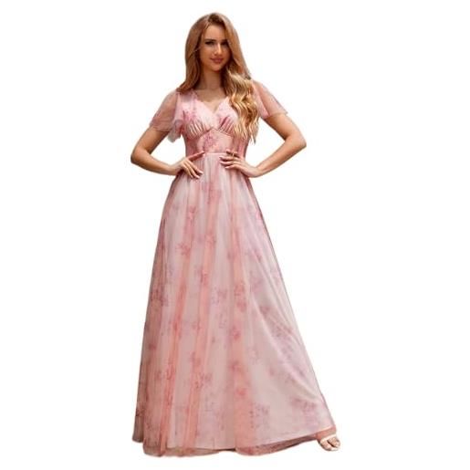 Ever-Pretty vestito da cerimonia elegante lungo abiti da sera scollo a v linea ad a vestiti donna estivi sposa tulle rosa 44