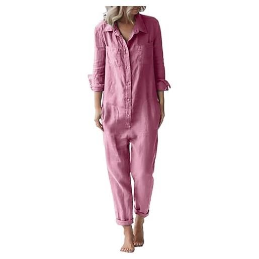 Generico salopette donna 𝐄stiva jeans tuta da donna in cotone e lino, casual, con risvolto ampio, maniche lunghe, bottoni e tuta donna elegante 𝐂urvy (black, s)