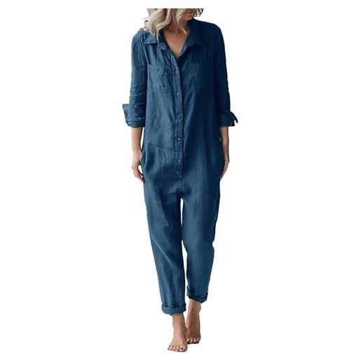 Generico salopette donna 𝐄stiva jeans tuta da donna in cotone e lino, casual, con risvolto ampio, maniche lunghe, bottoni e tuta donna elegante 𝐂urvy (black, s)