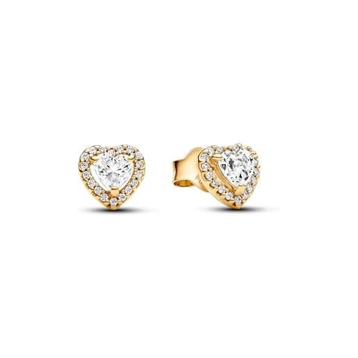 PANDORA timeless orecchini a bottone con cuore placcati in oro 14k con zirconi cubici trasparenti, orecchini a bottone