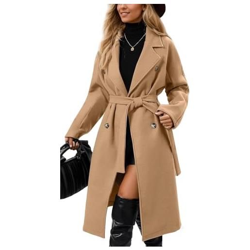 Suncadmious cappotto lungo invernale in tweed da donna con revers doppiopetto antivento caldo classico trench invernale doppiopetto con cintura (nero, s)