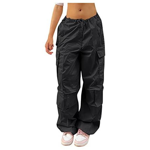 FYMNSI y2k - pantaloni cargo da donna, a vita bassa, larghi, con tasche e coulisse, nero , xs